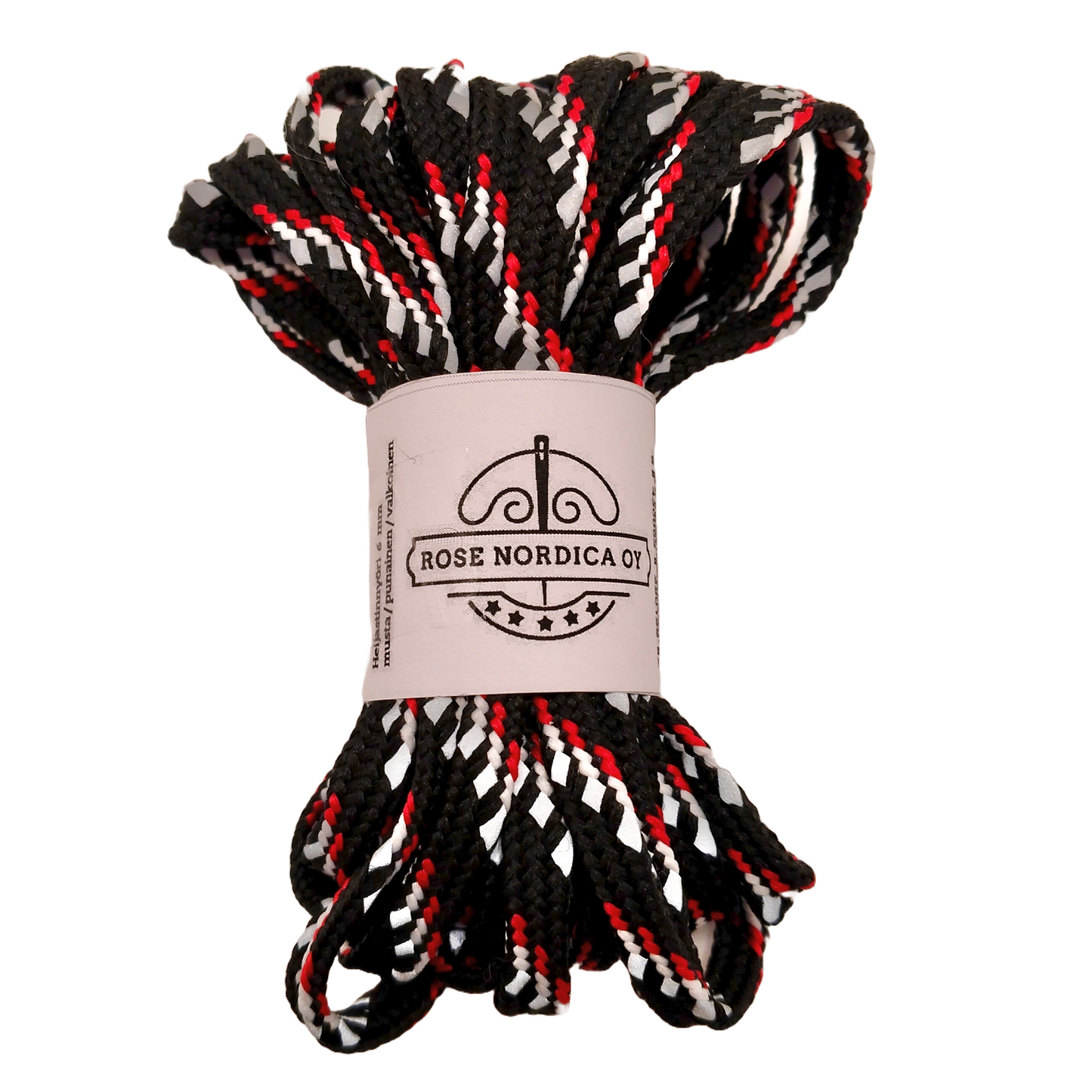 Heijastinnyöri, polyesternyöri, huppunyöri, musta/punainen/valkoinen